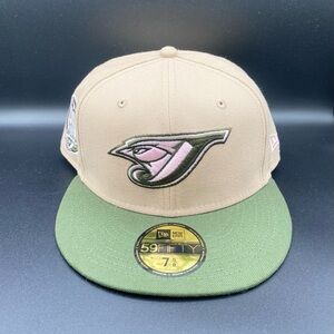 New Era Toronto Blue Jays 30th Anniversary Army Green Tan Pink Fitted Hat 7 5/8